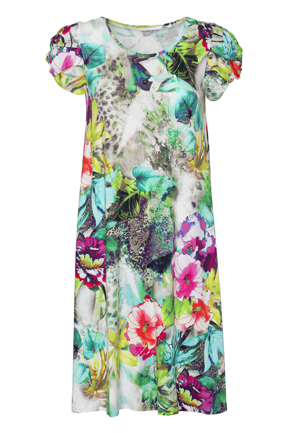 Jersey Kleid mit Flechtärmel | XL-Blumenmuster