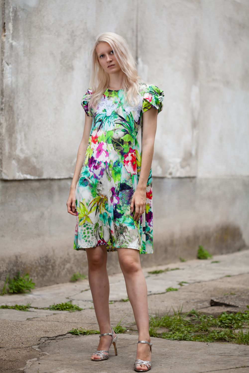Jersey Kleid mit Flechtärmel | XL-Blumenmuster